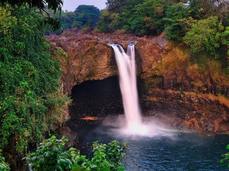 Rainbow Falls,Hawaii,USA - nature, rainbow, falls, trees, forest, rock, waterfall