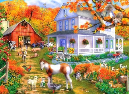 Fall on the Farm - attractions in dreams, autumn, houses, trees, animals, countryside, colorful, nature, love four seasons, leaves, paintings, farms, fall season