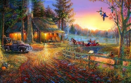 Autumn Ride - carriages, attractions in dreams, paintings, fall season, sunsets, leaves, colorful, countryside, nature, autumn, cabins, lakes, love four seasons, rural