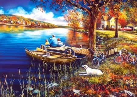 A Day on the Dock - lakes, love four seasons, attractions in dreams, boat, fishing, leaves, bikes, rural, fall season, houses, nature, paintings, autumn, colorful, dog