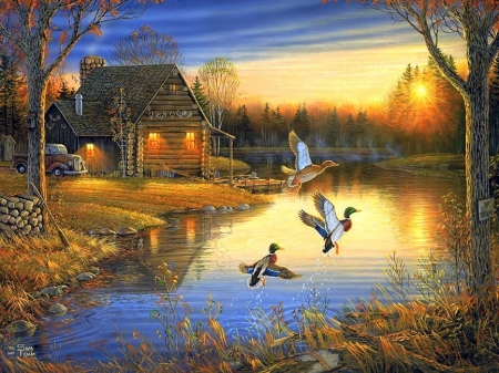 Autumn Retreat - attractions in dreams, autumn, colorful, countryside, cabins, nature, lakes, love four seasons, ducks, rural, sunsets, paintings, fall season