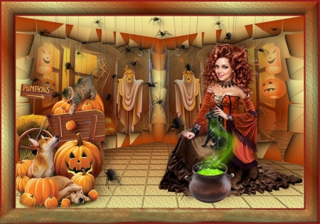 WITCH'S BREW - witch, halloween, pumpkins, ghosts, brew