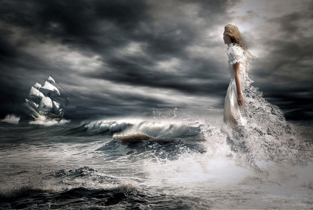 OCEAN GODDESS - white, ocean, ship, clouds, stormy, goddess, dress