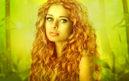 Redhead girl - girl, orange, fantasy, redhead, green, digital, woman, art, luminos