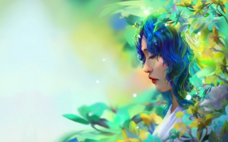 Girl - girl, luminos, profile, portrait, blue, green, trung tin shinji, fantasy