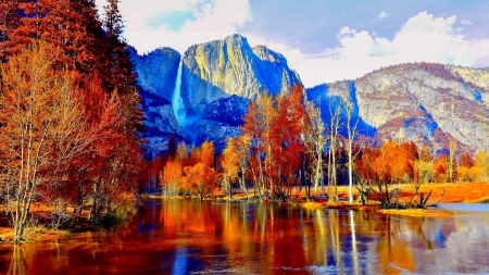 Autumn Mountain Falls - nature, autumn, falls, lake, mountains, park, sky