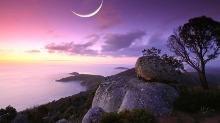 Sunset Sea Soft - beach, sky, soft, sunset, crescent moon, rock cliff, pink, clouds, sea, lavender, firefox persona theme