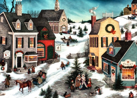 The Joy of Christmas F - wide screen, illustration, painting, art, artwork, holiday, architecture, winter, cityscape, occasion, christmas, stores, december, shops, snow, beautiful, scenery