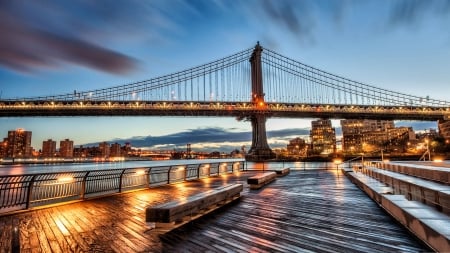 Manhattan Bridge at Sunrise - Manhattan Bridge, scenery, USA, landscape, photo, wide screen, art, New York, water, artwork, beautiful, photography, cityscape, architecture, illustration, river, painting, New York City, bridge