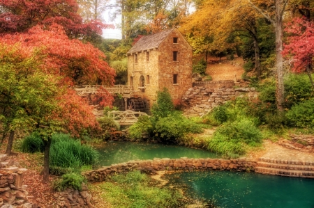 Old Mill at North Little Rock, Arkansas - watermill, trees, pond, autumn, creek