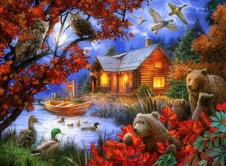 Moonlight Serenity - attractions in dreams, bears, autumn, boats, animals, colorful, cabins, moons, lakes, nature, love four seasons, ducks, owls, fall seasons, moonlight, paintings