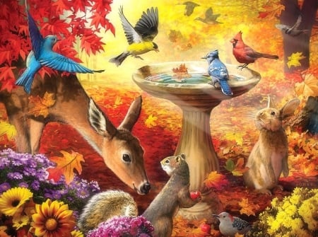 Autumn Birdbath - attractions in dreams, autumn, birdbath, animals, colorful, deer, nature, love four seasons, rabbit, fall seasons, leaves, paintings, flowers, birds