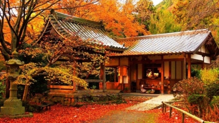 Japanese house in the fall garden - Japanese, fall, garden, houses, architecture