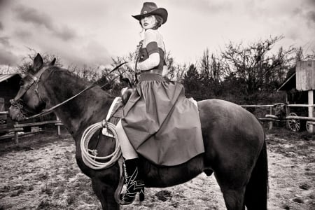 How The West Was Won . . - girls, women, style, fun, marie-ange casta, models, female, cowgirl, boots, hats, outdoors, brunettes, western, horses, ranch