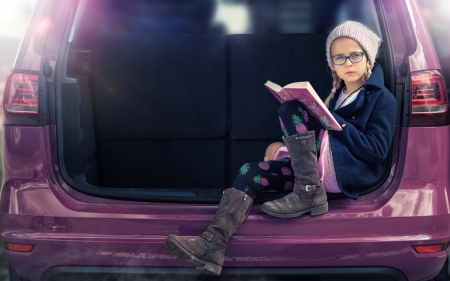 Be careful if she's reading - purple, girl, john wilhelm, car, pink, child, copil, book