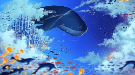 The floating city - whale, summer, blue, ronald kuang, city, fantays, digital, cloud, fish, art, sky