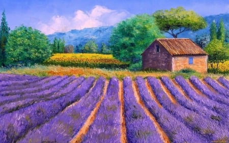 Lavender field - jean marc janiaczyk, house, lavender, summer, flower, pink, tree, pictura, green, painting, field, art, luminos