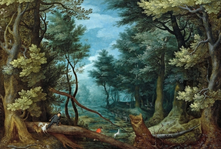 Forest Landscape with Deer Hunting - landscape, painting, art, forest, luminos, blue, pictura, green, jan brueghel the elder, tree