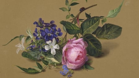 Rose and violets - pcitura, rose, painting, art, pink, luminos, blue, green, violets, flowers, forget me not