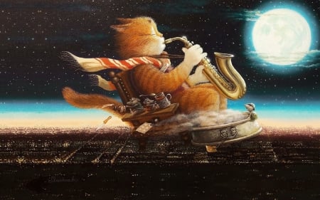 Tales of the cat Kuzma - moon, cat, pisici, night, instrument, illustration, ginger, alexander maskaev, orange, luna, tales of the cat kuzma