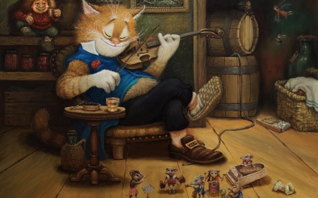 Tales of the cat kuzma - cat, alexander maskaev, violin, instrument, fantasy, pisica, tales of the cat kuzma