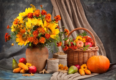 Autumn arrangement - vase, pumpkin, still life, bouquet, flowers, basket, fall, colorful, autumn, arrangement, fruits