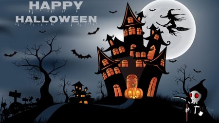 Creepy Halloween - graveyarad, trees, Halloween, haunted houses, scary, witch, bats, Firefox Persona theme, spooky, spirits, castle