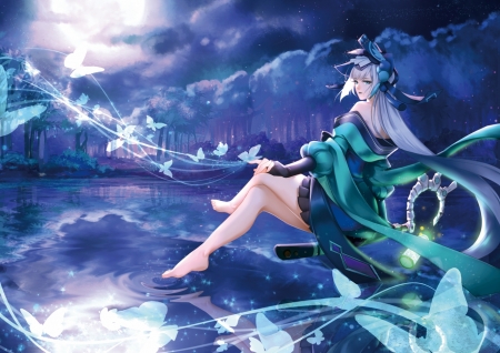 Onmyouji - moon, girl, night, water, onmyouji, clouble, blue, green, anime, luna, manga