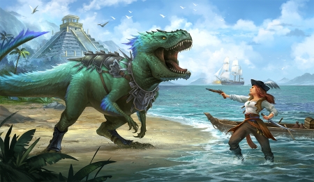 Dino and pirate - girl, water, summer, fantasy, dinosaur, sandara, luminos, blue, pirate, sea