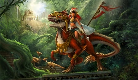 Dino and rider - sandara, fantasy, orange, luminos, girl, jungle, art, green