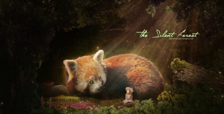 The silent forest - girl, forest, fantasy, animal, adoreluna, cute, art, luminos, red panda