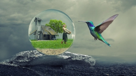 Fantasy - house, bird, humming-bird, colibri, blue, girl, sea, creative, glass ball, fantasy, green, pasare, luminos