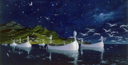 Boats and birds - water, night, fantasy, bird, viking, blue, green, sea, boat