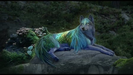 Feathered wolf - wolf, xxnamaste, luminos, blue, lup, feather, green, fantasy