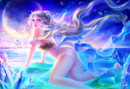 Moon Nights - pretty, anime, female, dress, long hair, crystal, sailor moon, princess, princess serenity, nice, crystal tokyo, anime girl, sailormoon, water, beautiful, hot, girl, beauty, lovely, sweet, serena, fantasy, magical girl, sexy