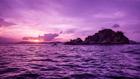 Purple Sunset - sky, ocean, sunset, islsnd, purple, pink, rock, sea, lavender, firefox persona theme