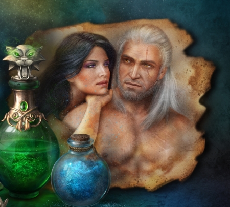 Yennefer and Geralt - bottle, blue, girl, yennefer, man, witch, fantasy, green, woman, the witcher, geralt, alenaekaterinburg, couple, luminos