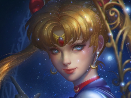 Sailor Moon - fantasy, art, yellow, luminos, anime, artgerm, manga, moon, girl, stanley lau, frumusete, bianca morelos, serenity, sailor moon, luns, blue, blonde