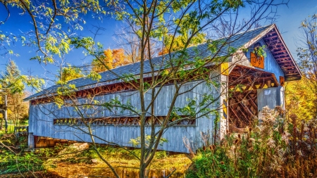 Covered Bridge at Doyle Road, Ohio - river, trees, autumn, sky, leaves