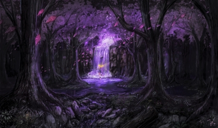 Fairy - girl, night, waterfall, black, fantasy, purple, forest, luminos, fairy, tree