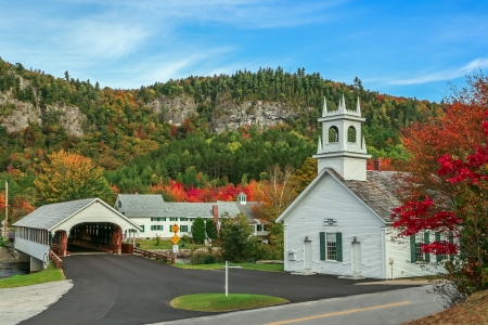 Stark, New Hampshire - trees, church, covered bridge, hills, leaves, colors