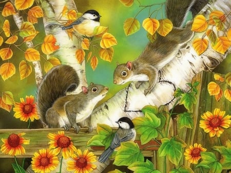 Autumn Romance - love four seasons, squirrels, animals, flowers, fall season, draw and paint, birds, paintings, autumn