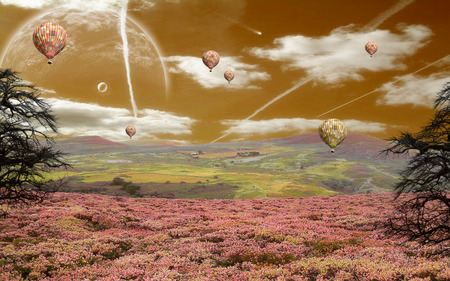 These Heather Hills - moon, sky, hot, trees, hills, air, mountains, liquitech, balloons, cloud, flowers, planet