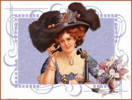 victorian lady in big hat - victorian, blue, phone, hats, flowers