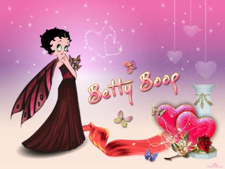 Betty Boop with Wing - cartoon, female, heart, wing, girl, love, flower, butterfly, rose, betty boop