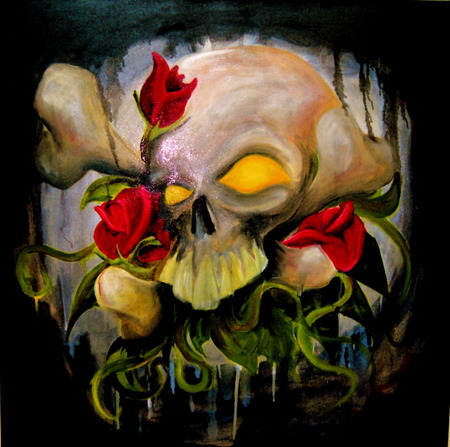 skull and roses  - roses, black, white, skull