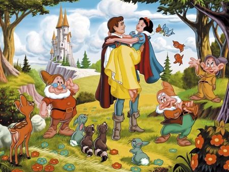 snow White and the Seven Dwarfs wallpaper - prince, animals, castle, dwarfs