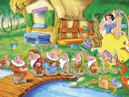 Snow White and the Seven Darfs Wallpaper - outside, water, bridge, dwarfs