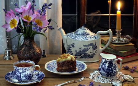 Still Life - flowers, candle, dishes, tea, cake, still life