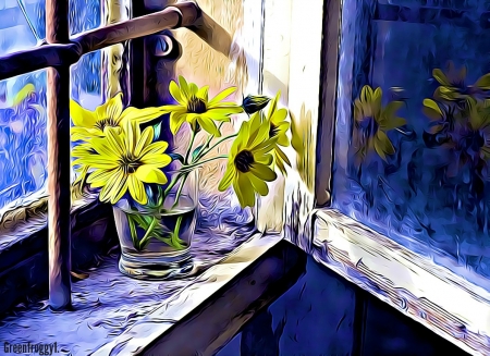 FLOWERS IN THE WINDOW - flowers, vase, image, window